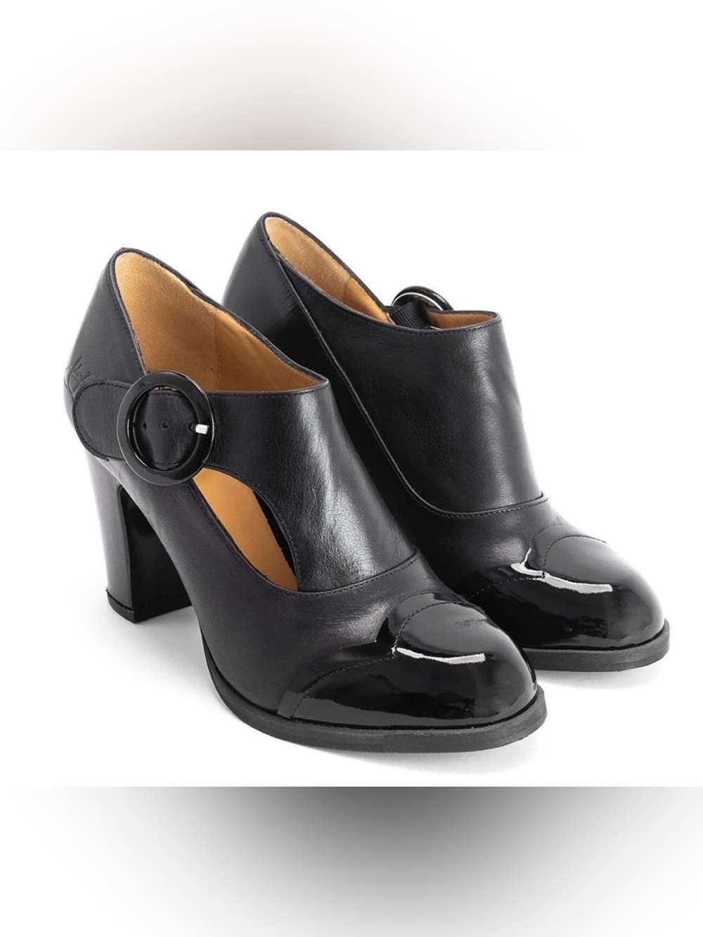 Fluevog EXCELLENT Attic Joyce black leather/patent side buckle heel-8.5 (fits 8)